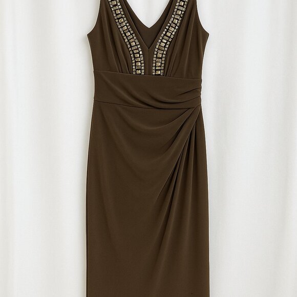 Anne Klein Dresses & Skirts - Anne Klein Brown Embellished V-Neck Gown – Size 6 – Preloved